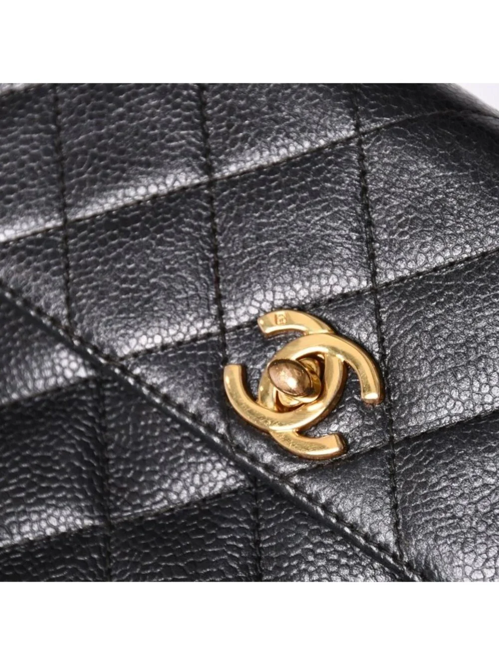 Chanel Shoulder Bag CC Logo Caviar Leather Black Quilted Gold